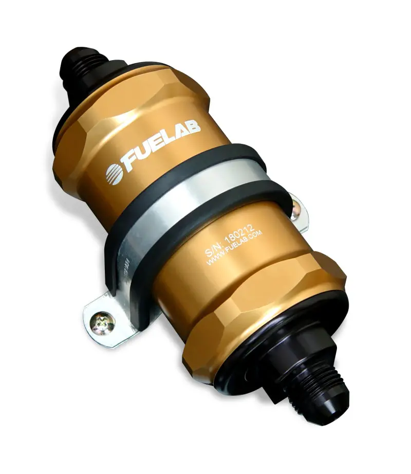 Fuelab 848 In-Line Fuel Filter Standard -10An In/-8An Out 6 Micron Fiberglass W/Check Valve - Gold 1