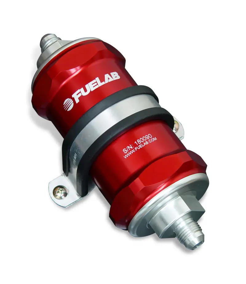 Fuelab 818 Inline Fuel Filter – -12An Inlet / -10An Outlet, 10-Micron Element, Red Housing 1