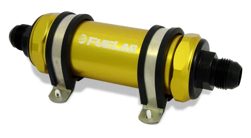 Fuelab 828 Inline Fuel Filter – -10An Inlet / -6An Outlet, 10-Micron Fabric, Gold Finish 1
