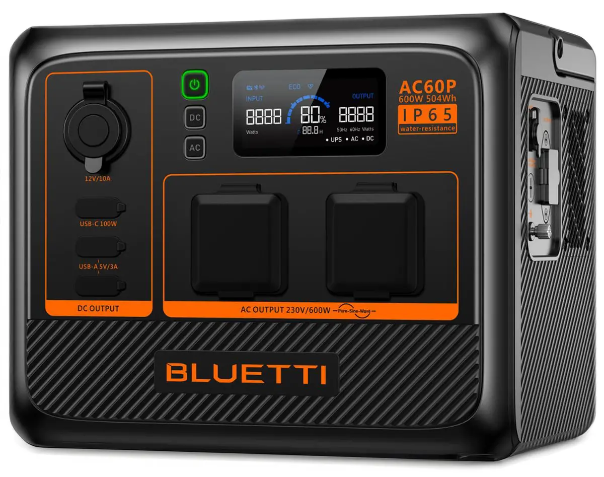 Bluetti Ac60p Expandable Portable Waterproof Power Station | 600W (1200W Surge) 504Wh 1