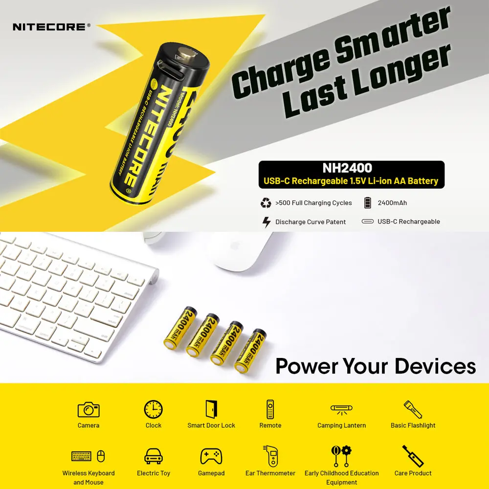Nitecore Li-Ion Rechargeable Aa Battery 2400Mah 1.5V 4 Pack Kit 1