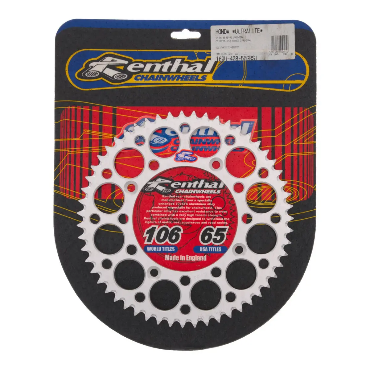 Renthal Sprocket Rear Silver 55T Alloy 7075 T6 Grooved Honda 1