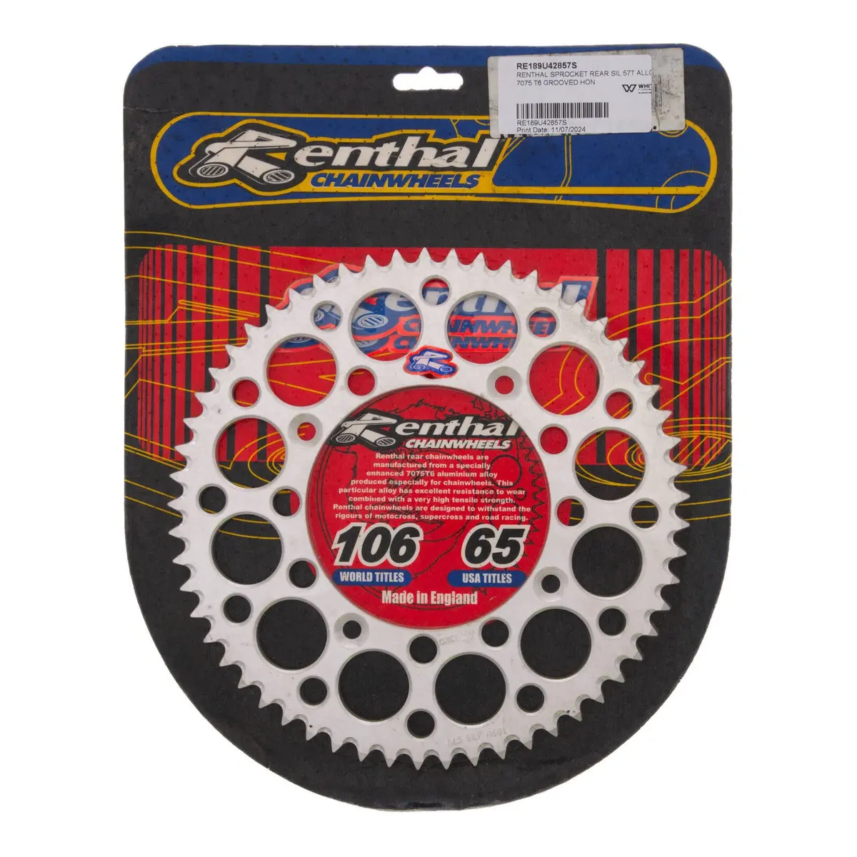 Renthal Sprocket Rear Silver 57T Alloy 7075 T6 Grooved Honda 1