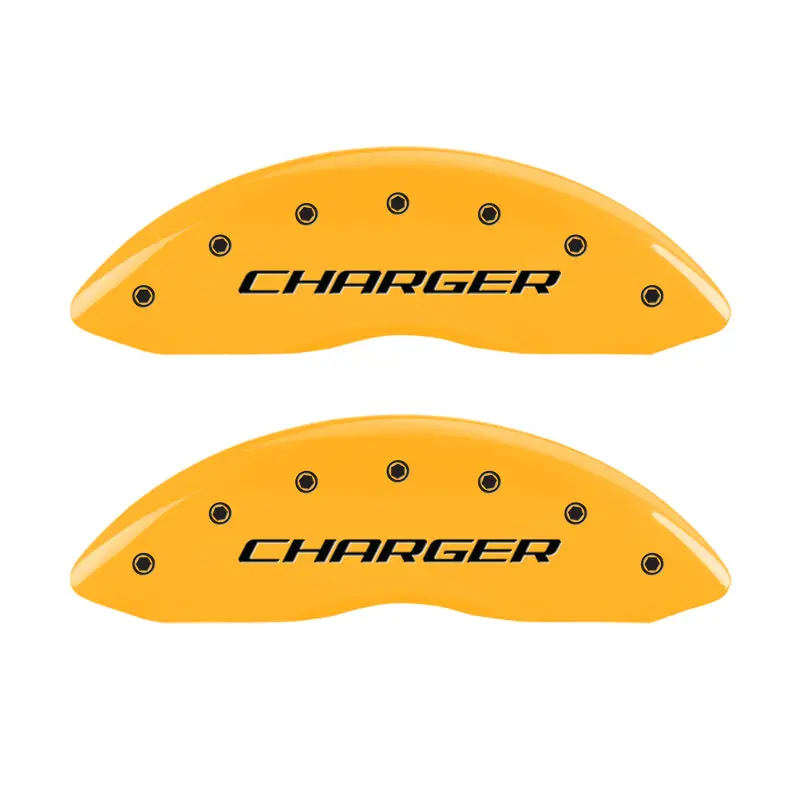 Mgp Engraved Front Brake Caliper Covers For Dodge Charger + Rear Covers For Rt Models – Yellow Finish With Black Chrome Accents 1
