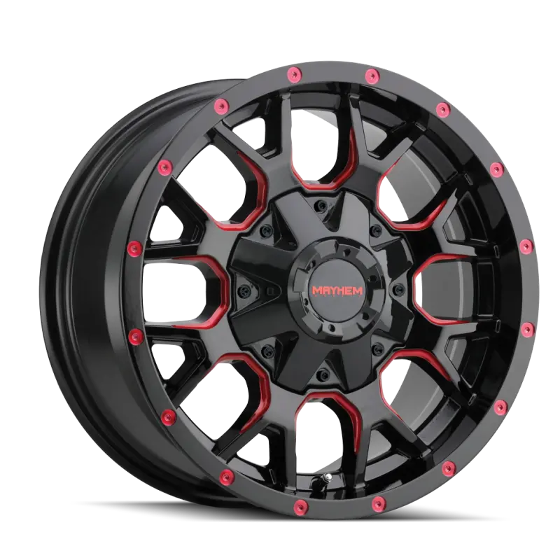 Mayhem 8015 Warrior Forged Alloy Wheel – 20X9", 8X165.1Mm Bolt Pattern, 0Mm Offset, 130.8Mm Hub Bore, Black With Prism Red Accent 1