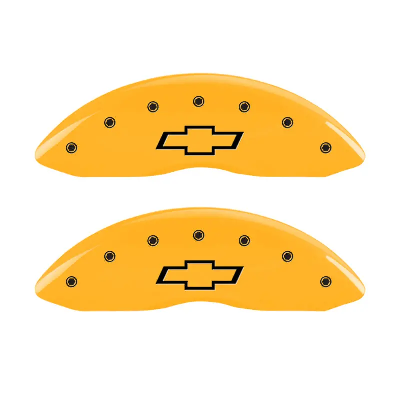 Mgp Engraved Front And Rear Brake Caliper Covers For Chevrolet Bowtie Models – Yellow Finish With Black Chrome Accents 1