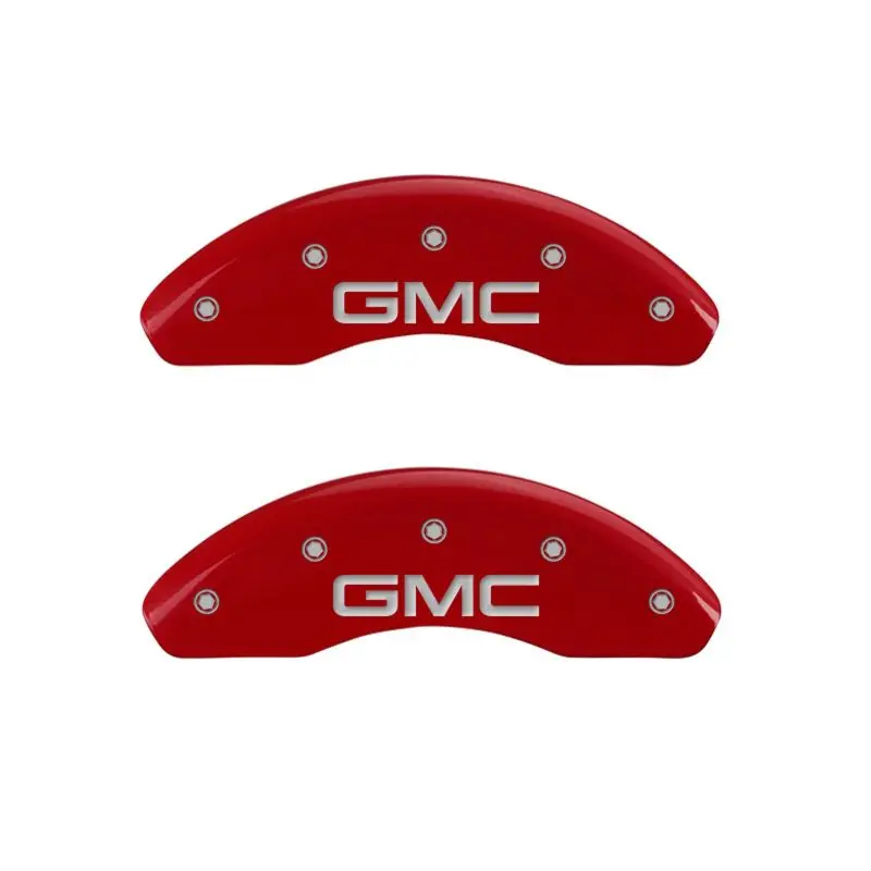 Mgp Engraved 4-Piston Caliper Covers — Front And Rear — Gmc Red Finish With Silver Accents 1