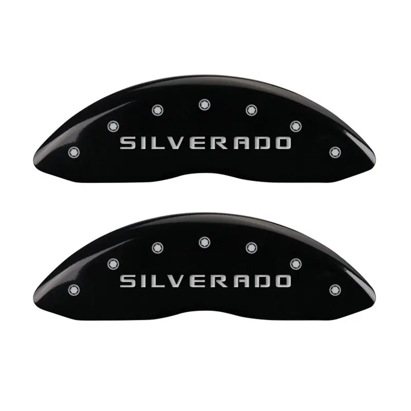 Mgp Engraved 4-Piston Caliper Covers — Front And Rear — Black Finish With Silver Accents For Chevrolet Silverado 1